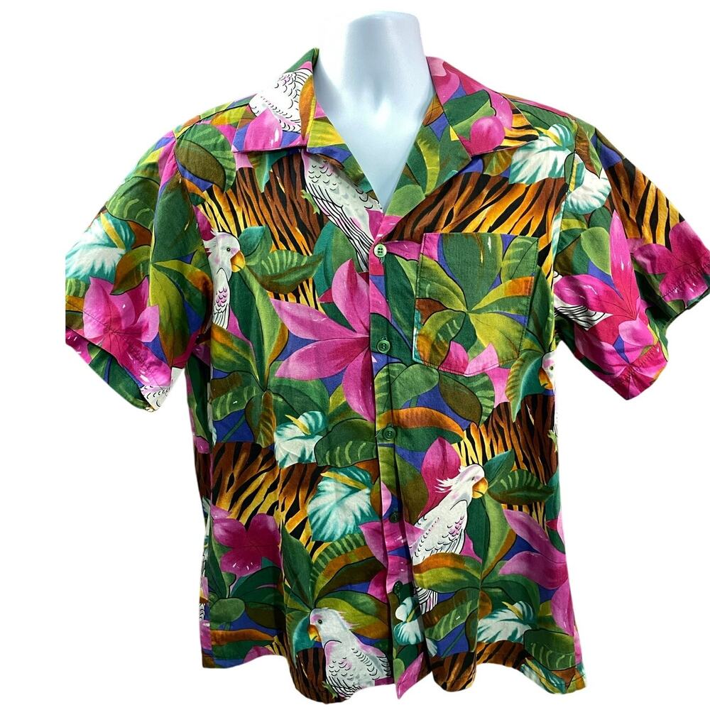 Tropical Button-Up Shirt Size L 22x29 Pink Green Floral Short Sleeve Vintage